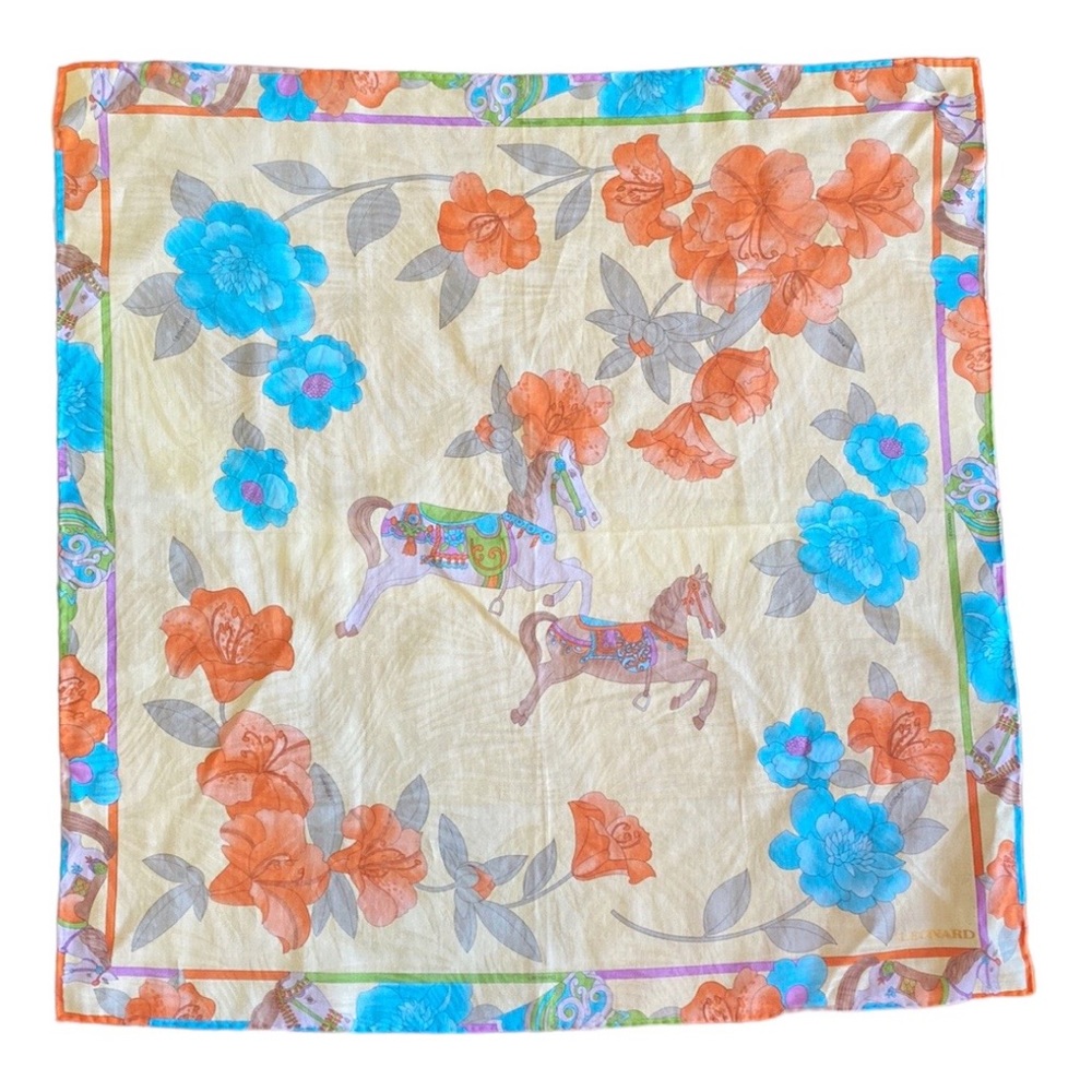 Vintage Leonard Scarf Square Horses Flowers